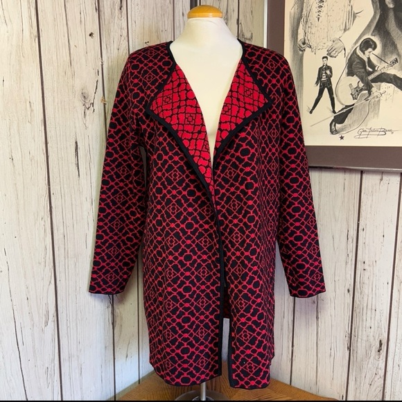 Women's Large Andrea Jovine Red and Black Open Front Cardigan - Picture 2 of 8
